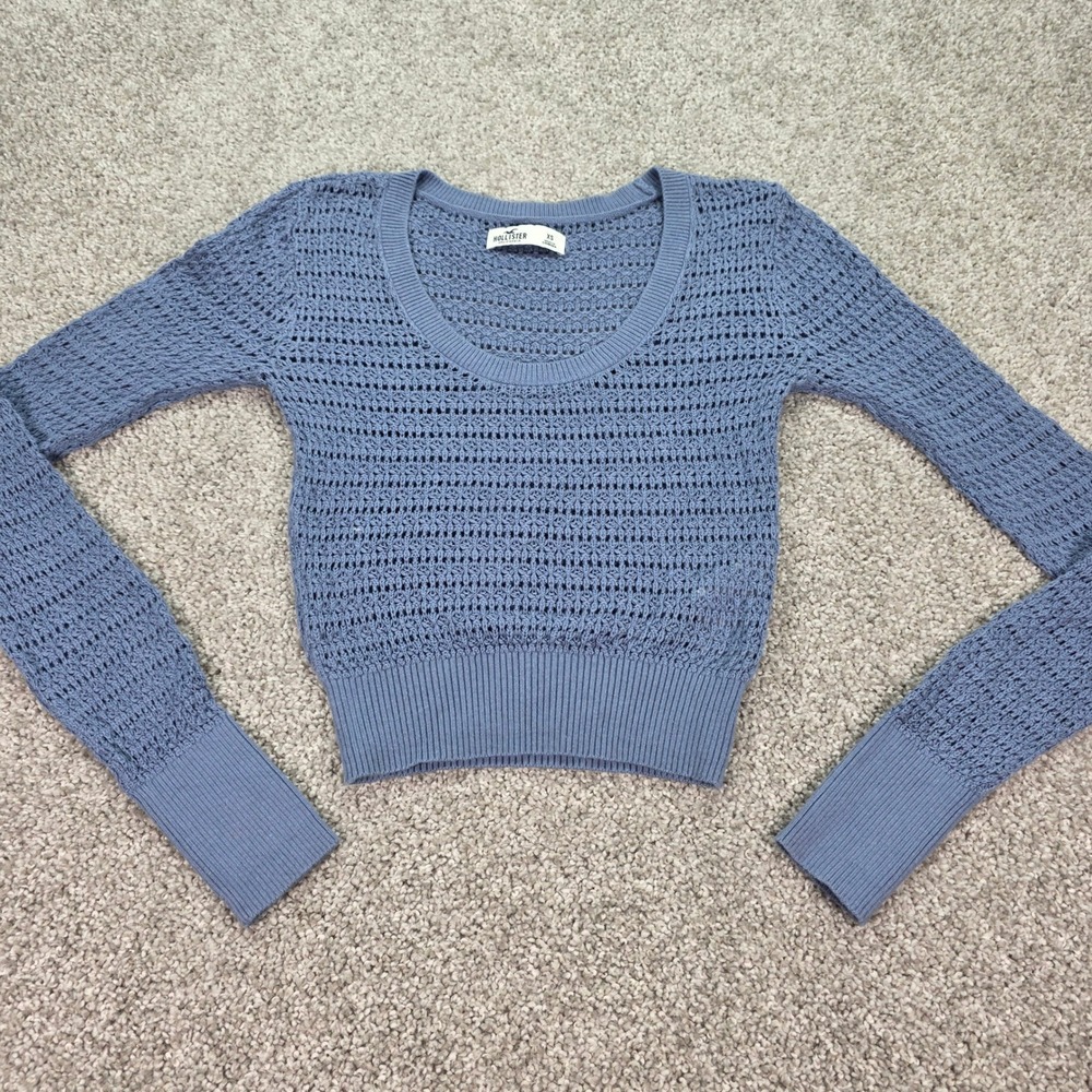 Hollister Womens XS Blue Open Knit Cropped Sweater Scoop Neck Long Sleeve Y2K
